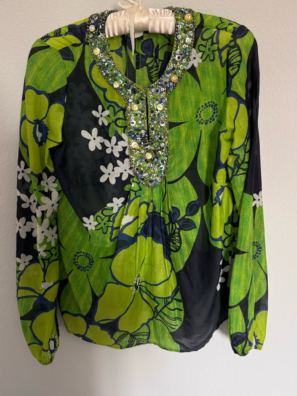 Lafayette 148 New York Embellished Floral Blouse Blue Green Beaded Tunic Size 0